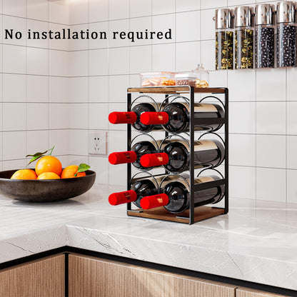 Dazioter Wood Countertop Wine Rack No Need Assembly 6 Bottles Black + Rustic Brown