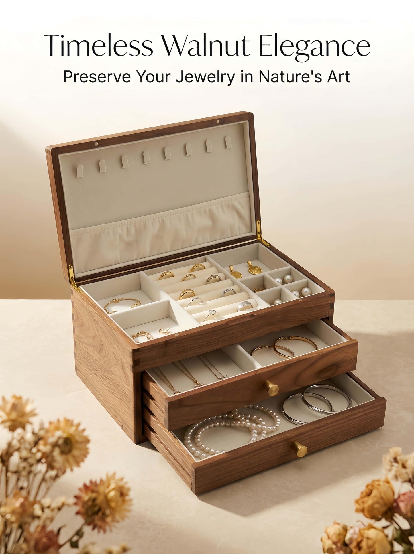 XYittkl Black Walnut Jewelry Organizer, Wooden Jewelry Box - 3 Layer Large Storage with Velvet Lining, Handcrafted Case for Necklaces, Rings, Earrings, Great Gift for Anniversary, Mother's Day