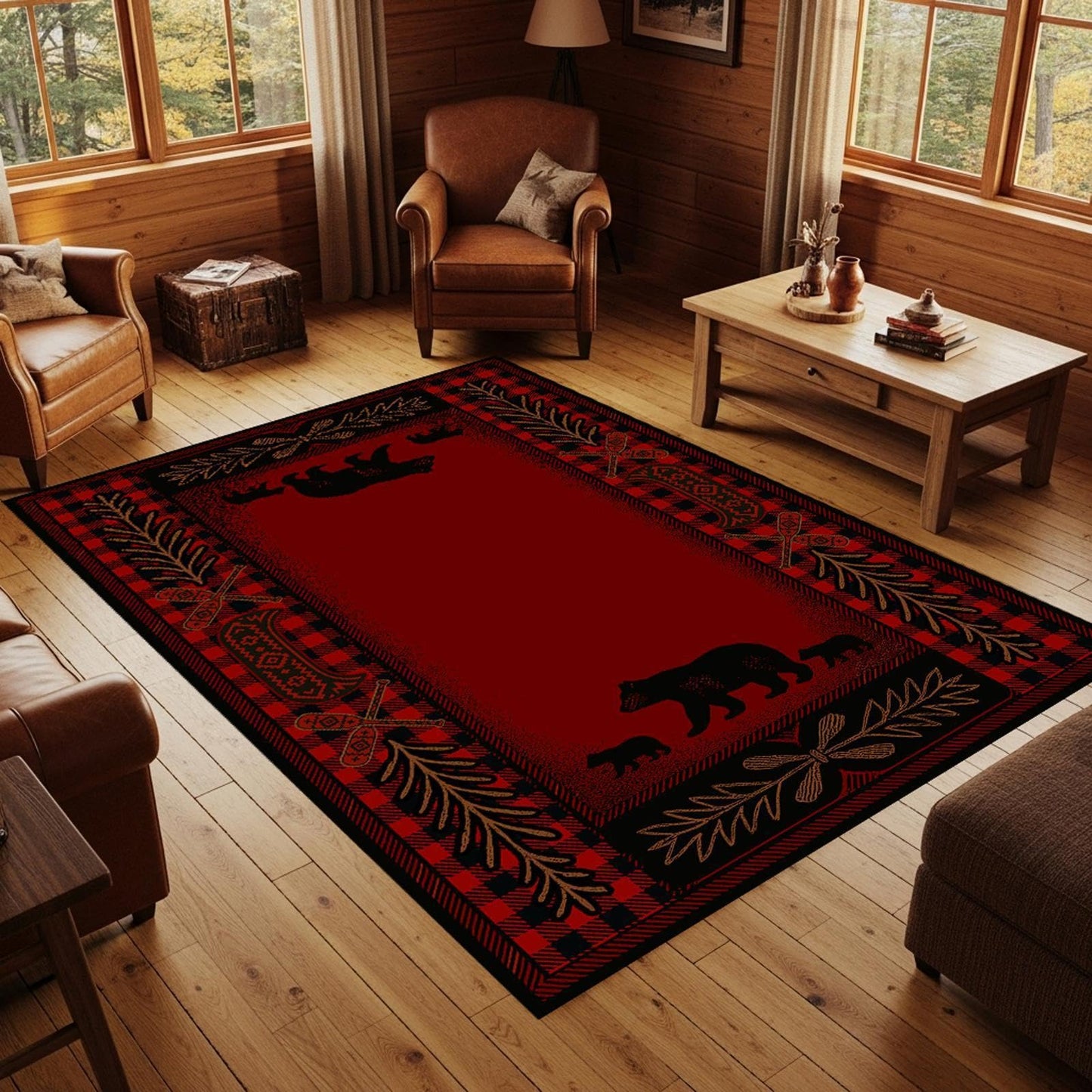 CASAVAINE Rustic Bear Family Area Rug 3'x5', Buffalo Plaid Cabin Lodge Rug with Wildlife Bear Silhouette, Non Slip Low Pile Rug for Living Room Bedroom
