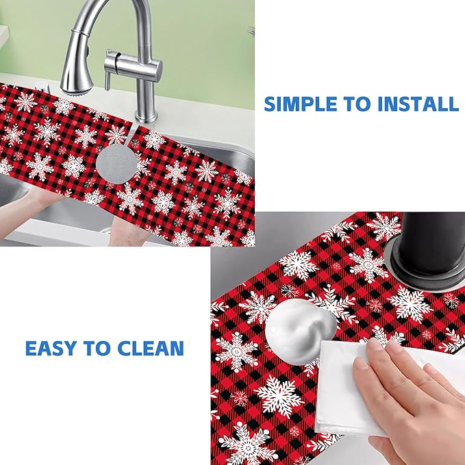 Christmas Snowflake Kitchen Sink Splash Guard Mat Buffalo Plaid Absorbent Fast