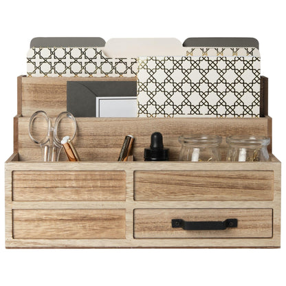 BLU MONACO | Natural Wood Mail Organizer with Drawer & Pen Holder | Rustic Desk Organizer for Bills, Letters & Countertop Storage | Wooden Desktop Mail Sorter for Home & Kitchen