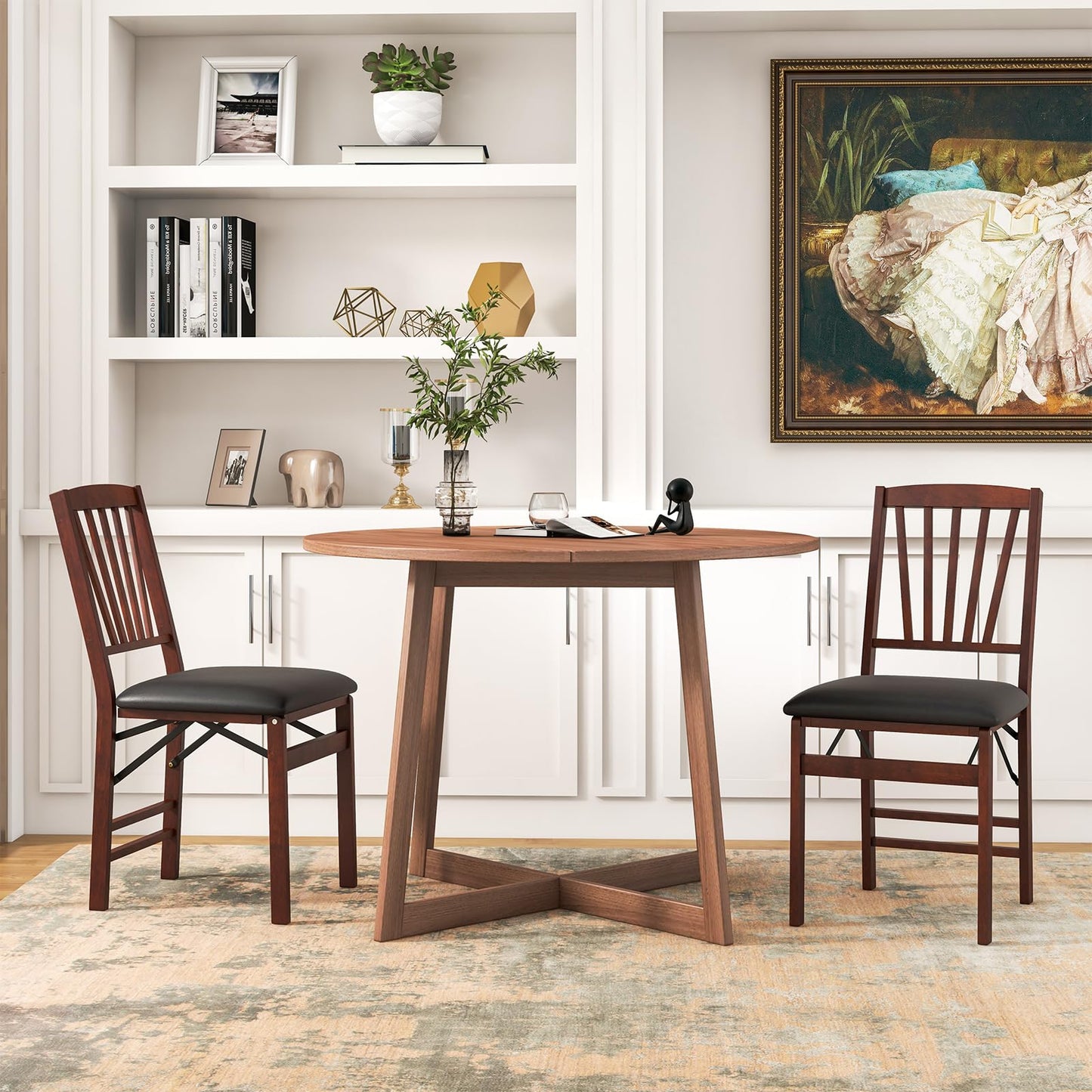 COSTWAY Folding Dining Chairs Set of 2, Upholstered Wooden Dining Room Chairs with PVC Padded Seat, Solid Wood Frame and 400LBS Capacity for Kitchen Apartment (Black & Brown)