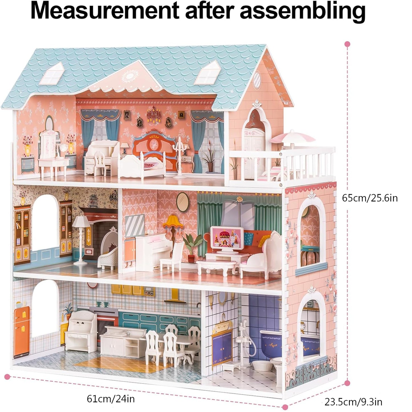 ROBUD Wooden Dollhouse for Kids Girls, Toy Gift for 3 4 5 6 Years Old, with Furniture Blue
