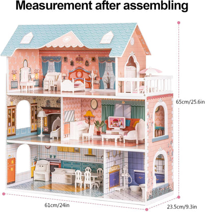 ROBUD Wooden Dollhouse for Kids Girls, Toy Gift for 3 4 5 6 Years Old, with Furniture Blue