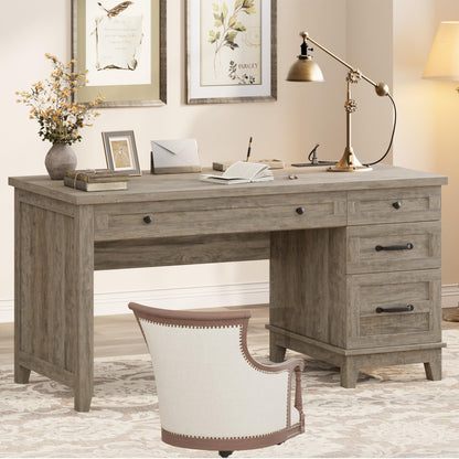 Garvee 53.5" Wooden Home Office Desk with File Drawers, Executive Desk with Power Outlet, Farmhouse Wood Desk with Storage, Distressed Study and Work Table, Rustic Grey