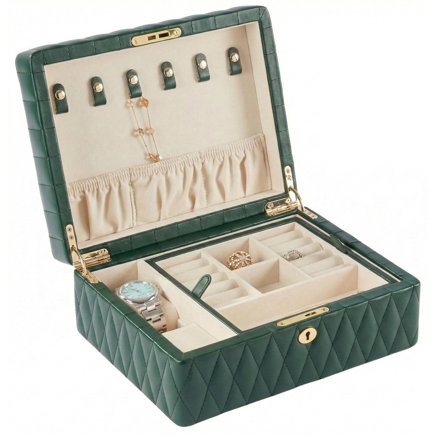 Bey-Berk Diamond-Quilted Leather Travel Jewelry Box (Green), 8" x 10.5" x 4.75" Locking Organizer with Necklace Hooks, Ring Rows and Watch Section