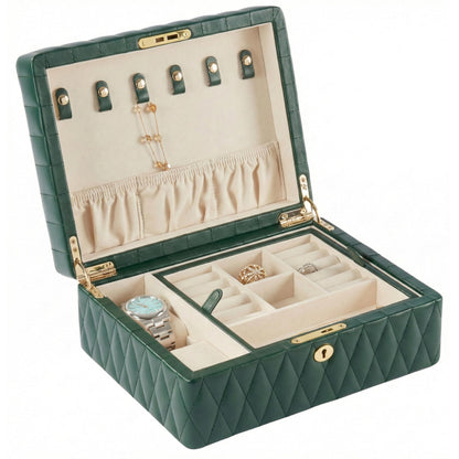Bey-Berk Diamond-Quilted Leather Travel Jewelry Box (Green), 8" x 10.5" x 4.75" Locking Organizer with Necklace Hooks, Ring Rows and Watch Section