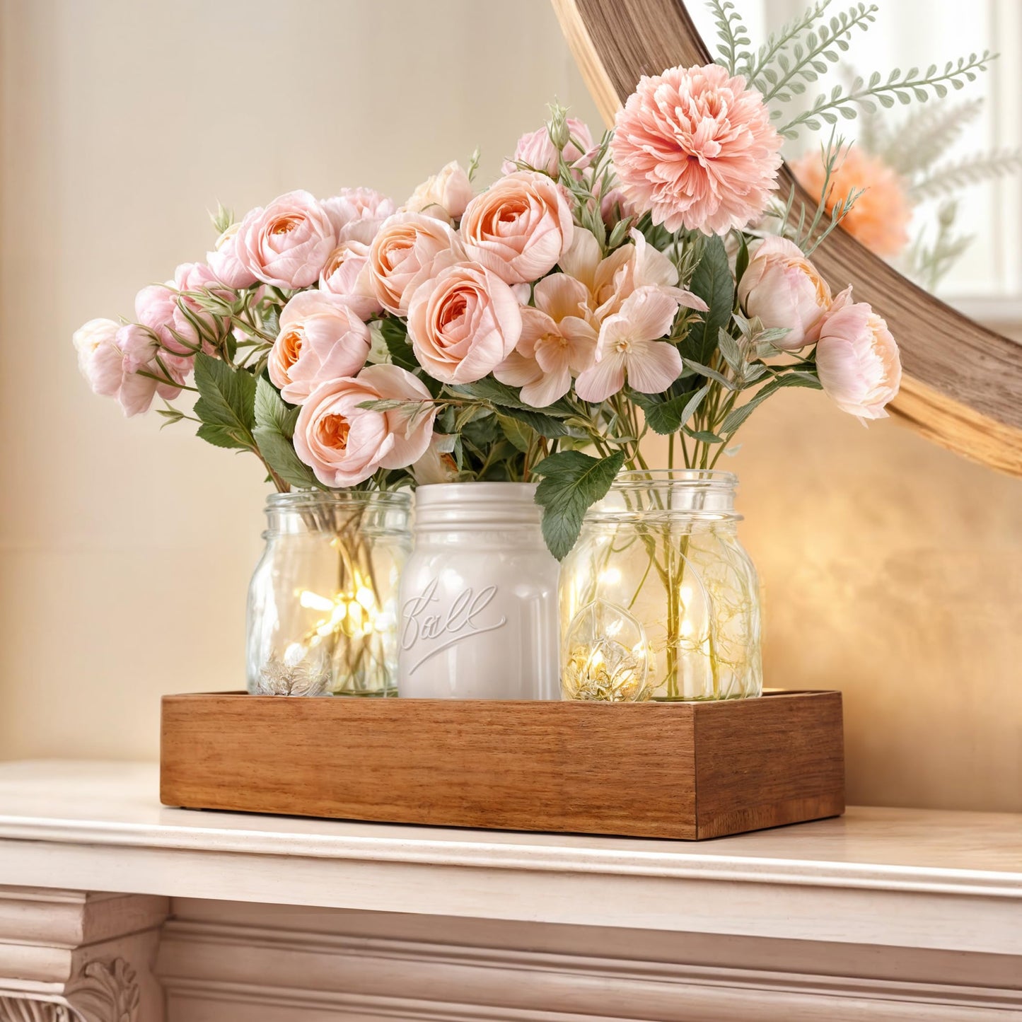 LIOZLIOLY Farmhouse Mason Jar Centerpiece with LED Lights and Artificial Flowers – Rustic Dining Table Decoration with Wooden Tray, Perfect for Kitchen, Living Room, Bathroom, or Coffee Table Decor