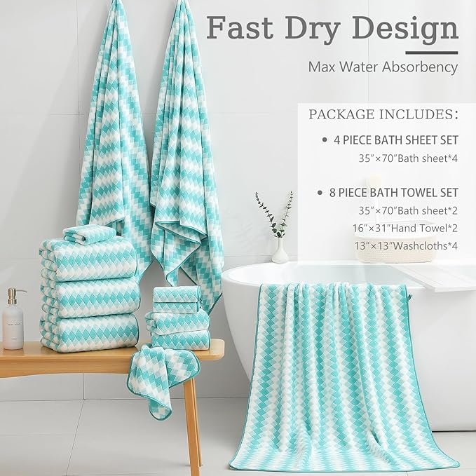 8 Piece Bathroom Towel Set |2 Oversized Bath Towels, 2 Hand Towels, 4