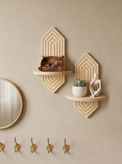 BenChiRealm 2 Pcs Floating Shelves for Wall, Pine Wood Boho Wall Decor, Mid Century Modern Decor Plant Wall Shelf, Vertical Wall Plant Holder,for Living Room,Bedroom，Nursey Room (Natural)