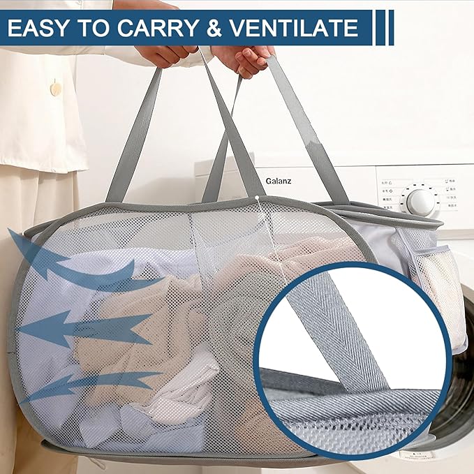 4 Pack Collapsible Laundry Baskets Dual Compartment, Mesh Pop Up Hamper