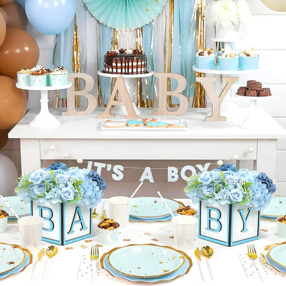 MASTRON Baby Shower Boxes Decorations 4Pcs Wood Baby Blocks with Printed Baby Letter, Blue Baby Shower Centerpieces for Table, Gender Reveal Neutral Baby Shower Supplies