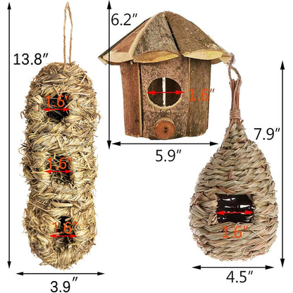 Hamiledyi Humming Bird Houses Nest, Hand Woven Wooden Vintage Chickadee Finch Hut Outdoor Hanging Natural Grass Birdhouse Nest for Canary Finches Robin Wren- Set of 3