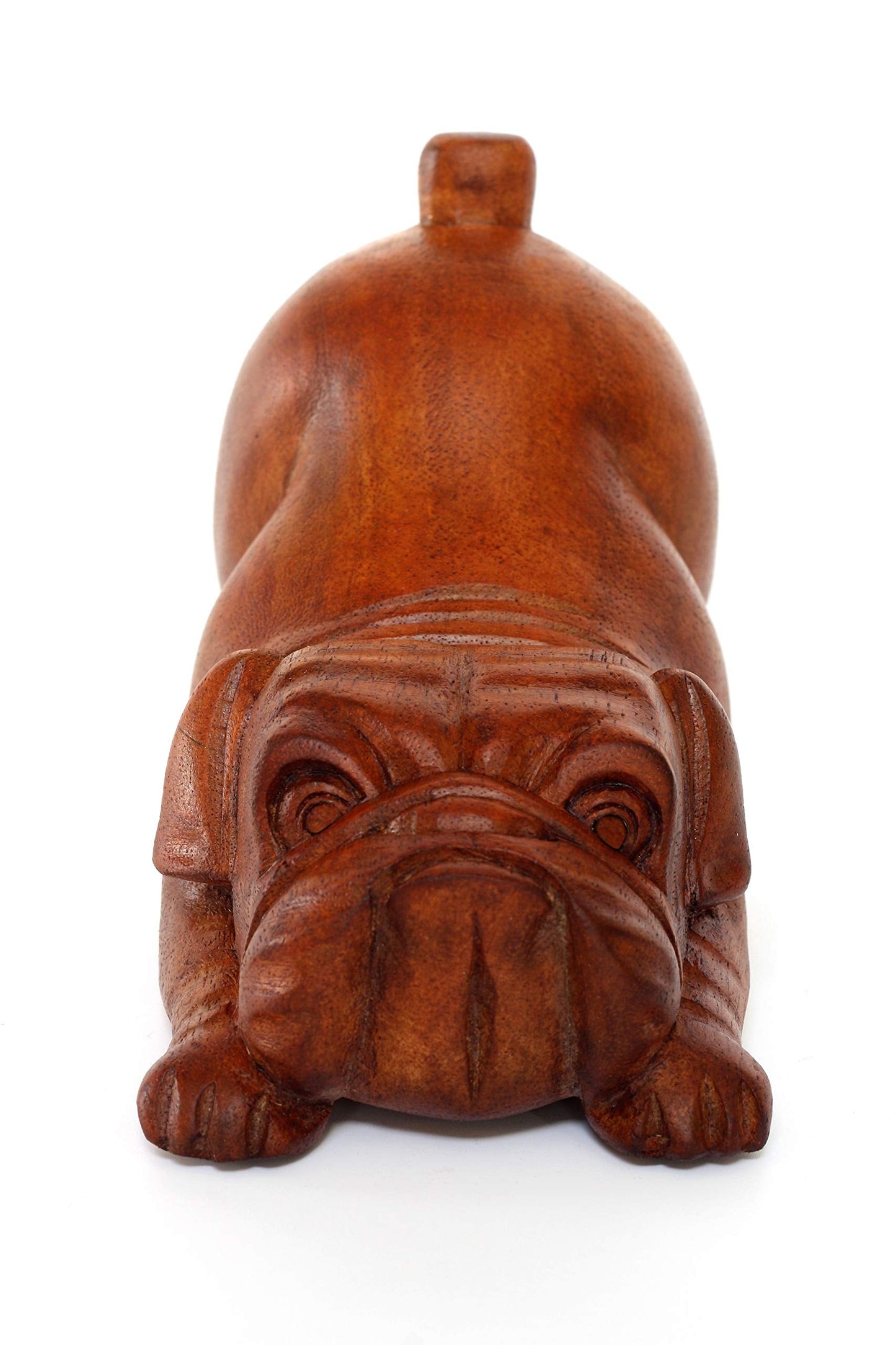 G6 Collection Wooden Hand Carved Crouching English Bulldog Statue Figurine Sculpture Art Decorative Rustic Home Decor Accent Handmade Handcrafted Wood Decoration Gift Dog Artwork,