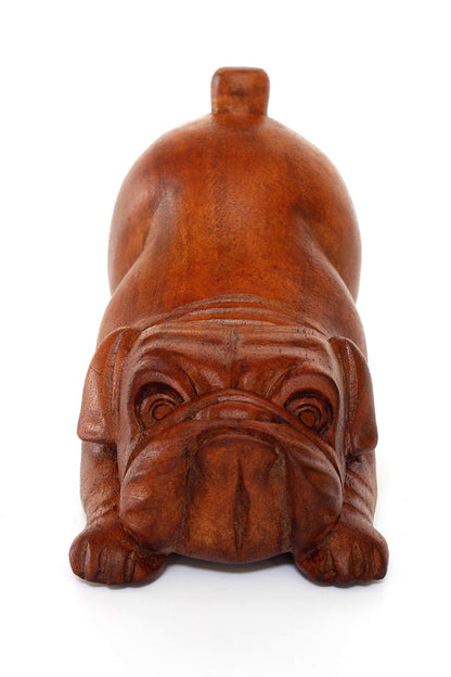 G6 Collection Wooden Hand Carved Crouching English Bulldog Statue Figurine Sculpture Art Decorative Rustic Home Decor Accent Handmade Handcrafted Wood Decoration Gift Dog Artwork,