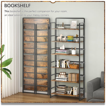 4NM No Assembly 6 Tiers Folding Bookshelf Storage Shelves Vintage Bookcase Standing Racks Study Organizer Home Office (Rustic Brown Black)