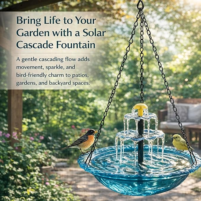 Solar Powered Hanging Bird Bath, Vibrant Blue Multi-Tier Waterfall Fountain for Outside, Easy to Hang Bird Oasis for Garden Decoration, Balcony, for Bird Lovers (Purple)