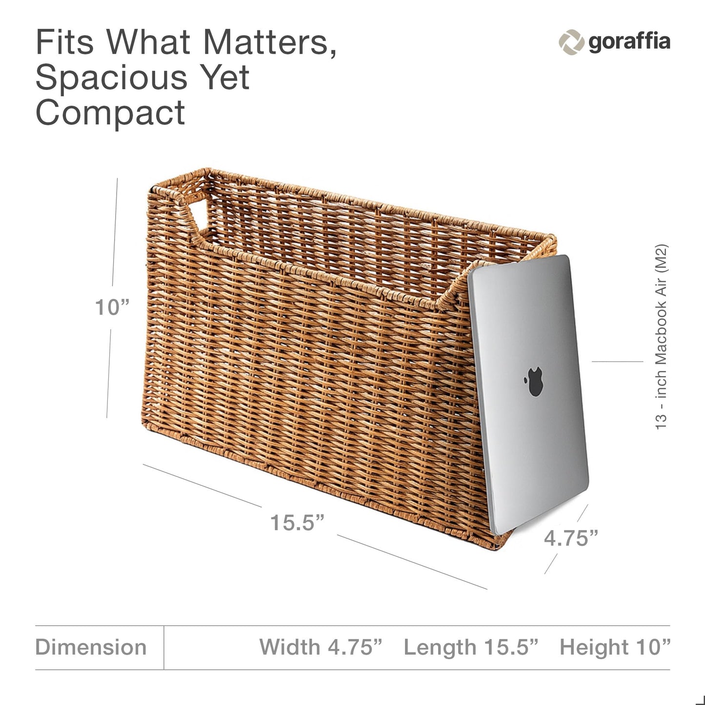 Goraffia Rattan Magazine Basket – Handwoven Book & Mail Organizer, 15.5" x 4.75" x 10" Floor Bin with Handles, Natural Sustainable Storage for Living Room, Entryway, Office (Natural Honey)