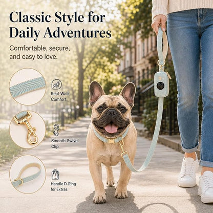 Herringbone Tweed Dog Collar and Leash Set for Medium Dogs, Light Blue | Snag-free, no-rub design. Soft breathable cotton, gentle on fur. Adjustable durable matching combo for walks & outdoors.