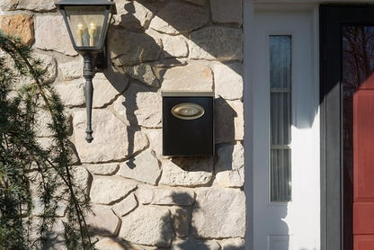 Architectural Mailboxes Designer Locking Wall Mount Mailbox, Black, Medium | Galvanized steel build with a concealed lock and key drop box and weather-resistant outdoor construction.