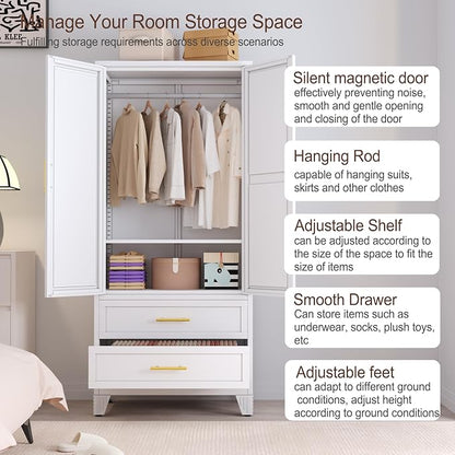 erosoei Metal Armoire Wardrobe Closet, 71 "Metal Clothing Storage Cabinet with Mirror and Adjustable Shelves, Household Steel Wardrobe Storage Cabinet with 2 Drawers and Hanging Rod(Armoire-White)