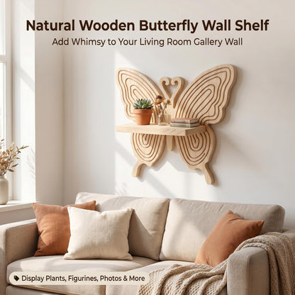 Stylitzy Boho Butterfly Wooden Floating Wall Shelf, Carved Wood Wall Art Decor, Wall Mounted Display Rack for Plants, Photos & Figurines, Hanging Storage Shelf for Bedroom Living Room