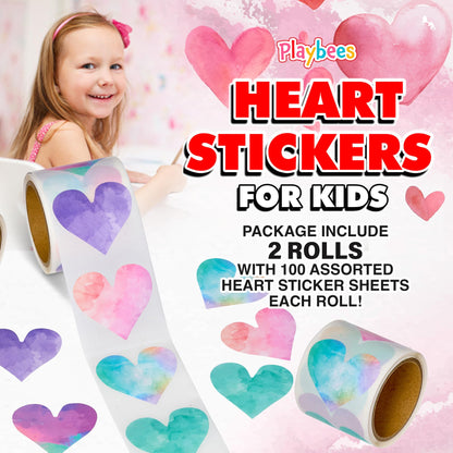 Playbees Watercolor Heart Stickers for Kids - 200 Pack of Rainbow Heart Themed Designs - Valentine’s Day Kids Educational Arts and Crafts, Scrapbooking, Teacher Awards, Classroom Prize, Encouragement
