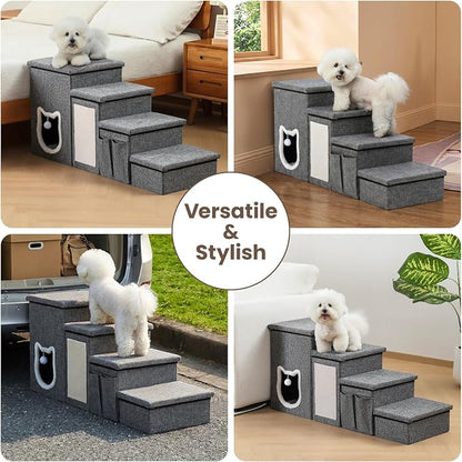 Pet Steps for Small Dogs, 4-Step Non-Slip Pet Stairs for Cats, Dog Stairs with Storage,Cat Stairs for Bed with Condo Cat Scratcher, Arthritis-Friendly, Grey