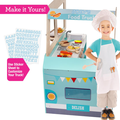Food Truck Wooden Playset- 20 Fun Toy Pieces Including Cook Top, Steering Wheel, Sticker Sheet for Kids Name- Food Tray, Pizza Slices & More, Dual Sided Play Stand for Indoor Fun Activity, For Ages 3+