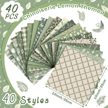Tegeme 40 Pcs 10 x 10 Inches Sage Green Floral Fabric Squares Vintage Greenery Precut Fabric Bundle Retro Eucalyptu Gingham Polka Dot Spring Leaves Printed Sewing Sheet for Craft DIY Quilting Sewing