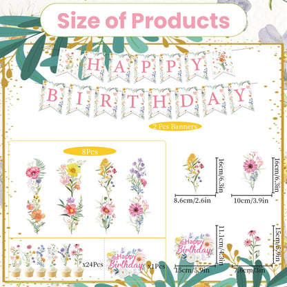 Rngmsi Wildflower Birthday Party Decorations - 35PCS Wildflower Happy Birthday Banners and Hanging Swirls Decoration for Girls Floral Cake Cupcake Toppers Party Decor Flower Theme Supplies for Women