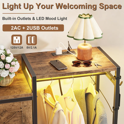 HIGDBFE Shoe Cabinet with 2 Flip Drawers and Hanging Rack, Narrow Entryway Organizer with Charging Station and LED Light, Freestanding Hidden Shoe Storage for Hallway, Rustic Brown, 41.3" W