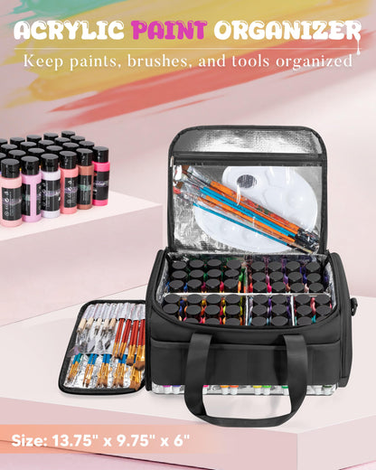 Marscamd Acrylic Paint Organizer Holds 60 Bottles (2 oz), Acrylic Paint Storage Bag with Tools Storage Sections and Crossbody Strap, Black