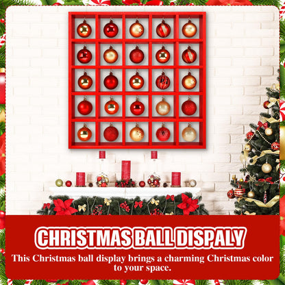 Cinnvoice Christmas Holiday Ornament Displays Rack Wooden Hanging Stand Holder Hanger for Christmas Ball Display Shelf Cabinet for Craft DIY Wall Decorations Gift (Red,25 Compartment)