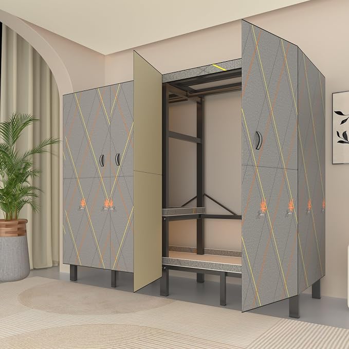 Foldable Portable Wardrobe Closet with Magnetic Doors & Cover, Heavy Duty Covered Clothes Rack with Hanging Clothing Rod, Metal Frame Standing Alone Closet for Bedroom (Door Design D, 70.9IN/180CM)
