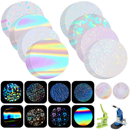 200 Pcs Badge Protective Film 70mm (2.76 in), 8 Styles of Holographic Glitter, Badge Film for 2.25 Inch 58mm Button Maker Machine, 58mm Button Making Supplies