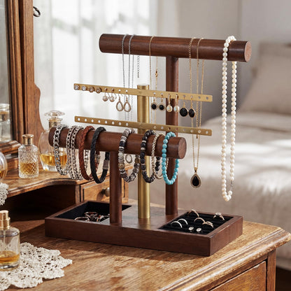 RattanView 3 Tier Bracelet Holder Display with Earring Holder Organizer T-bar Bangle Storage Rack Wooden Jewelry Organizer Stand Gifts for Bracelet Necklaces Earrings Rings Watches Storage Displays