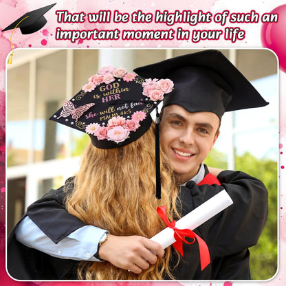 Gersoniel 180 Pcs Graduation Cap Decorations Kit 4 Adjustable Grad Cap, Faux Flower Heads 3D Butterfly Pearl Beads Glitter Glue Totes Bag for 2026 Graduation Dress Grad Hats Topper Party Craft DIY