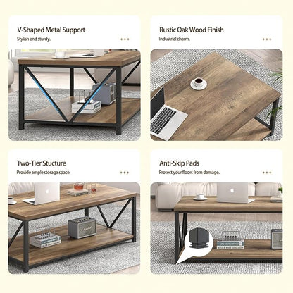 FOLUBAN Modern Coffee Table, Living Room Center Table with Storage, Wood and Metal Cocktail Table, Rustic Oak, 47 Inch