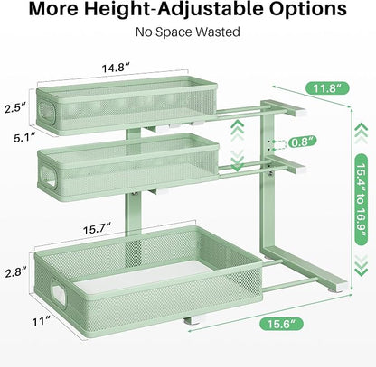 Kitstorack Under Sink Organizer, 2-Pack 3-Tier Height Adjustable Thickened Metal Pull out Cabinet Organizer Shelf, Slide out Storage Drawer Rack for Bathroom Kitchen Pantry Home Organization, Green