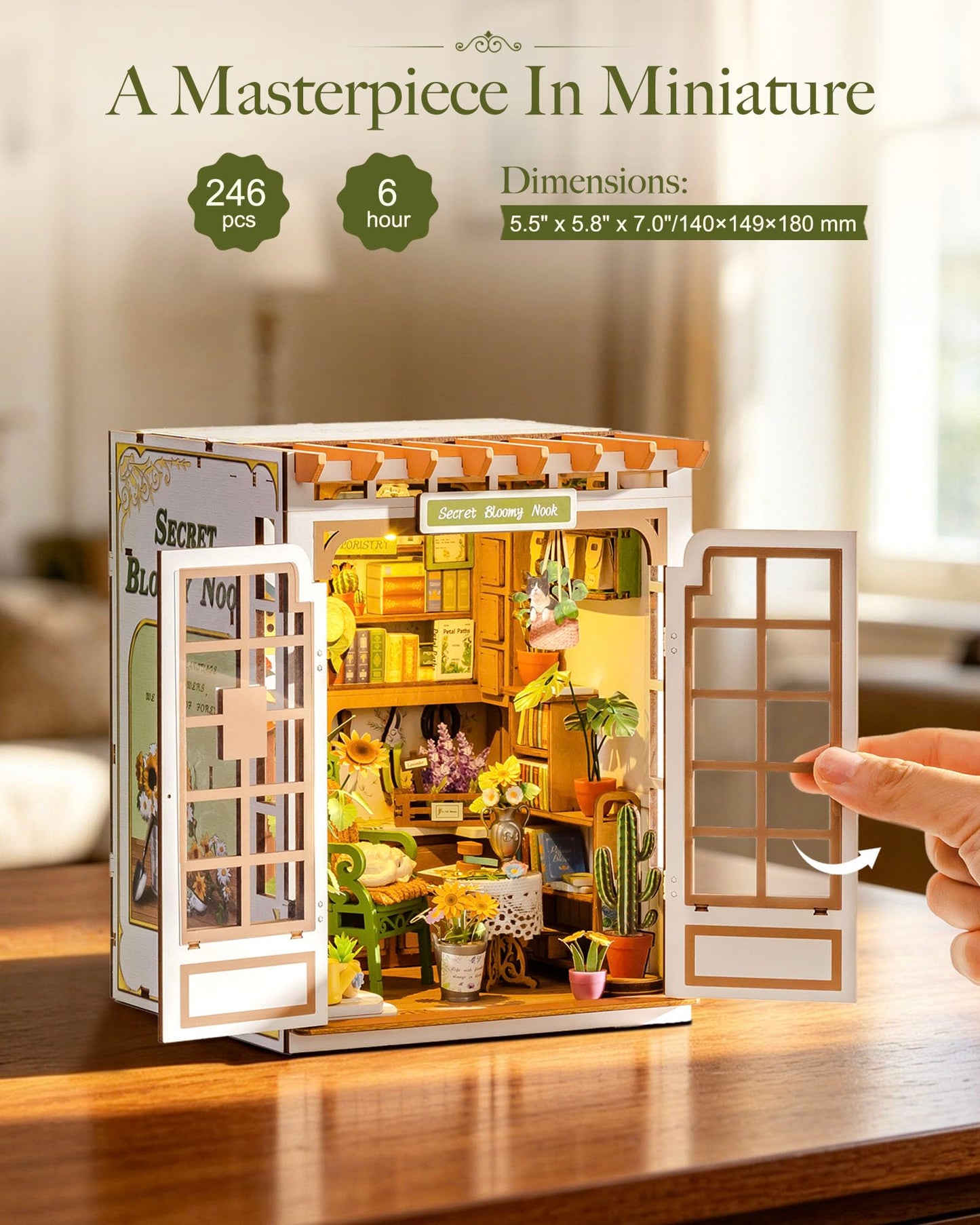 Rolife 6 hrs DIY Book Nook Kit, Secret Bloomy Nook TGE04 3D Wooden Puzzle Floristry Garden, Miniature Dollhouse Bookend with Touch LED Lights, Arts and Crafts Gift for Adults