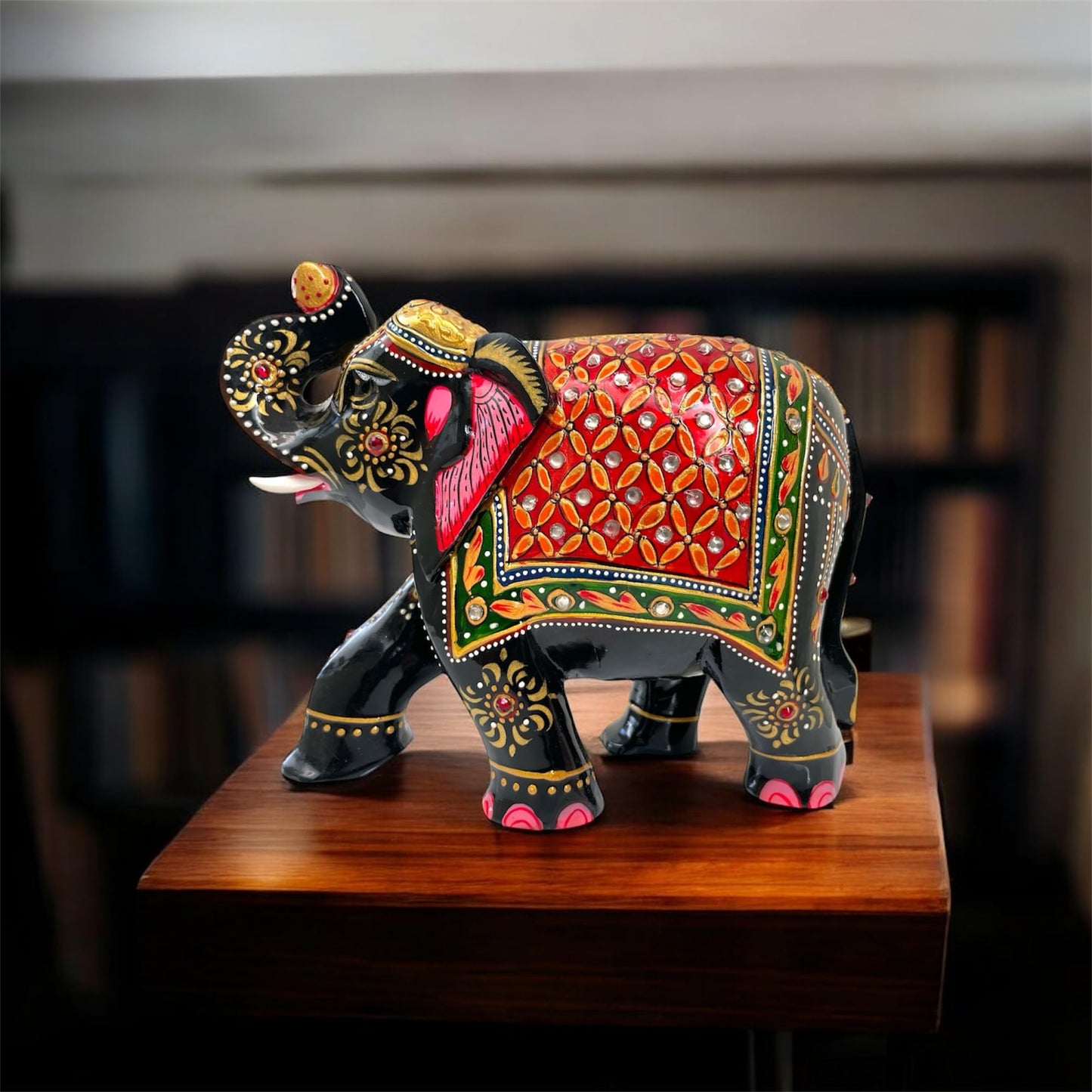 Modern Handcrafted Wooden Elephant Figurine – Trunk up Design with Gemstone Accents | Artistic Decorative Elephant Statue for Home Decor, Office, Gifts – Symbol of Protection & Wisdom (Black & Gold)
