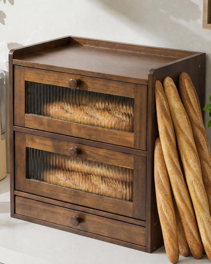 Natapai Wooden Bread Storage Box For Kitchen Countertops, Double-Layered Large-Capacity Bread Box With Acrylic Viewing Window And Cutlery Storage Box-Natual wood color