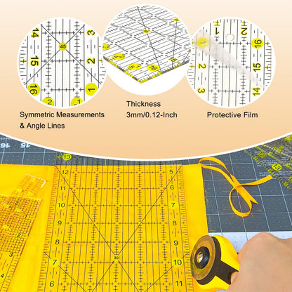 Quilting Ruler, 8 Piece Acrylic Quilting Templates, Sewing Ruler, Fabric Cutting Ruler with Non-Slip Rings, Quilting and Sewing (6"x17", 3"x17", 2"x16", 1.5"x12", 1"x12", 1"x6", 8"x3") (Yellow)