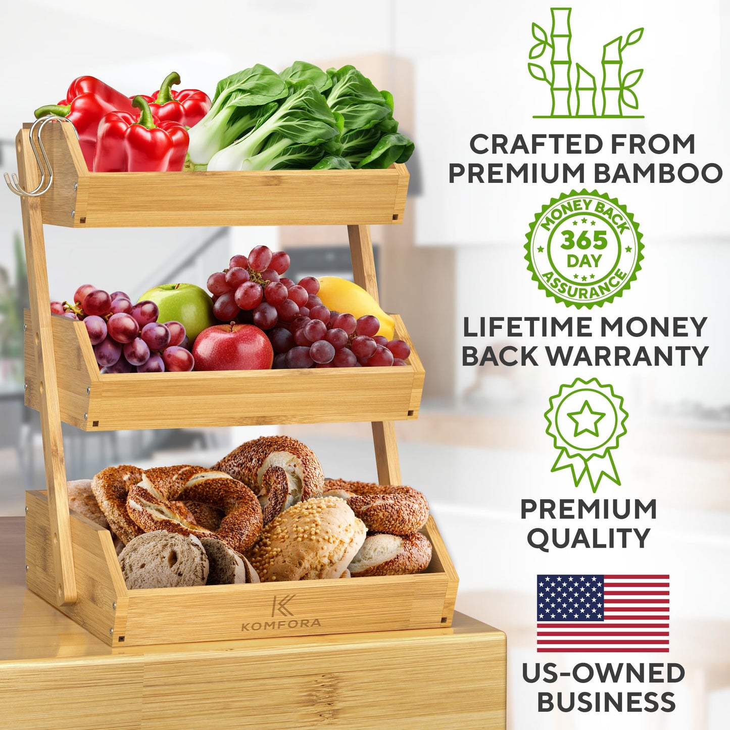 KOMFORA Bamboo Fruit Basket 3-Tier - Premium Produce Basket for Kitchen w/ 2 Hangers - Durable & Easy to Assemble Stand for Countertop - Perfect Holder for Vegetables, Bread, Snacks & More