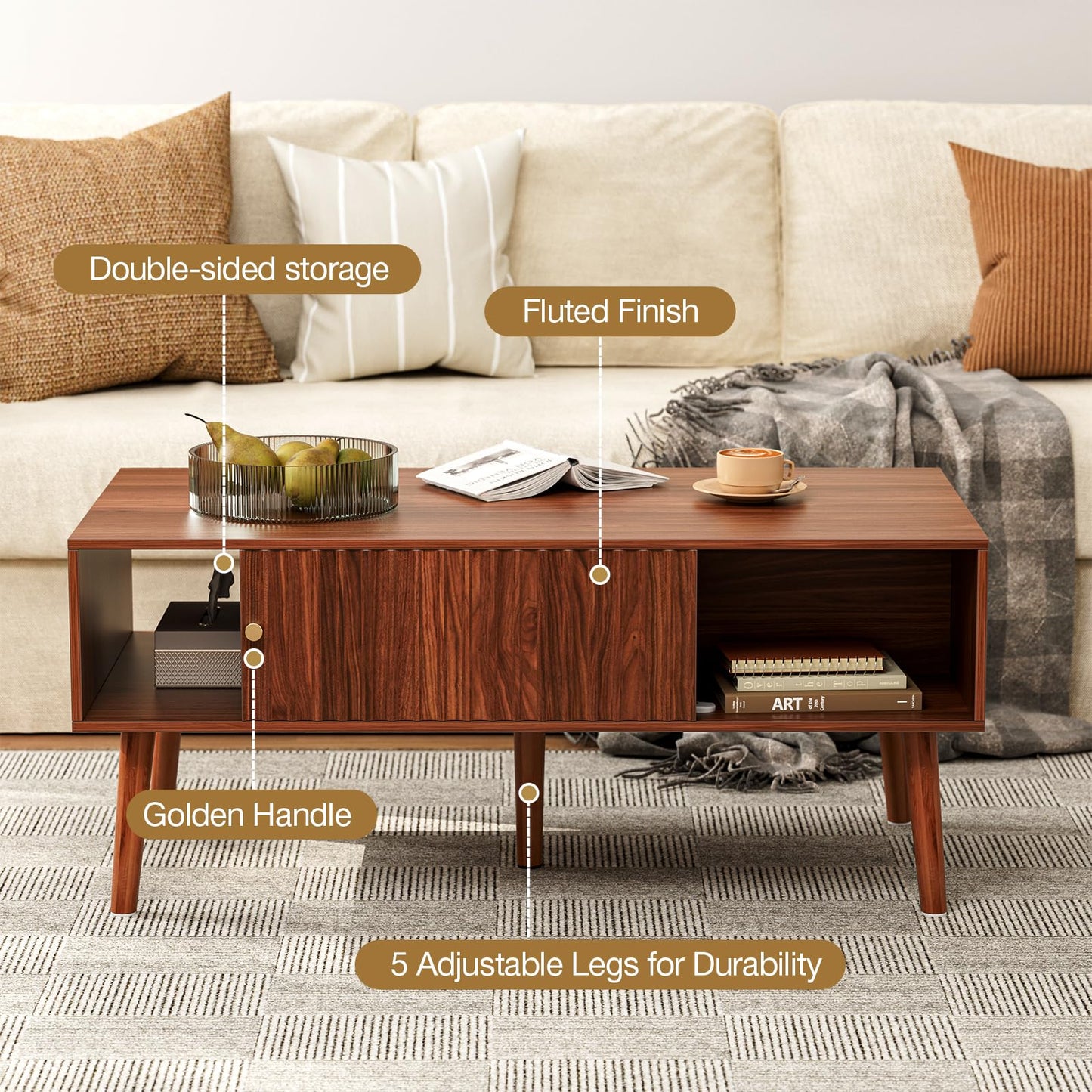 LCRBOL Coffee Table with Fluted Sliding Door, Mid-Century, Walnut