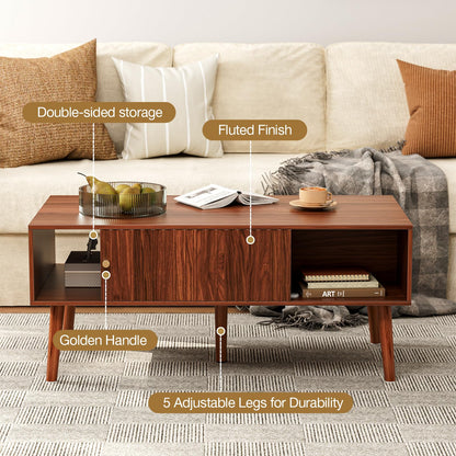 LCRBOL Coffee Table with Fluted Sliding Door, Mid-Century, Walnut
