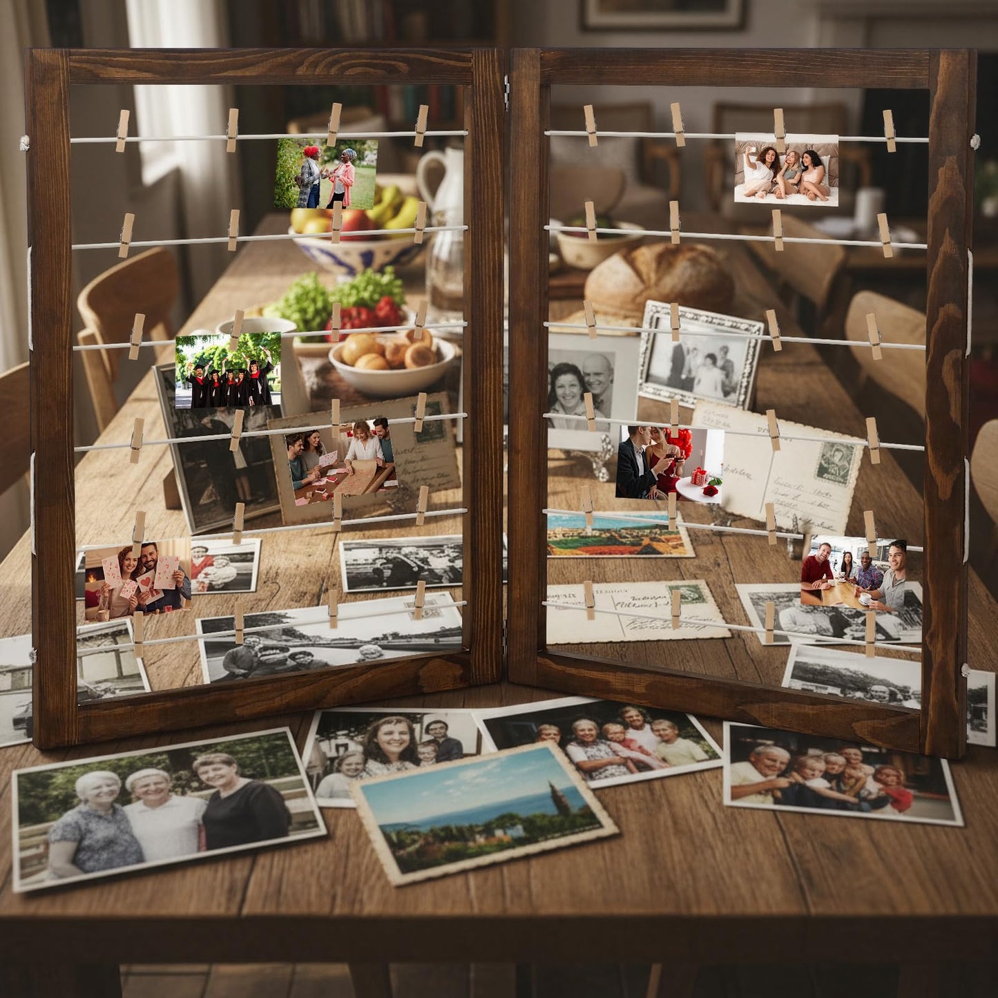 Geelin 36 x 24 Inch Photo Display Board with Clip Farmhouse Picture Display Wooden Rustic Freestanding Picture Collage Frame Wedding Tabletop Decor for Home Dorm (2 Panel,Brown)