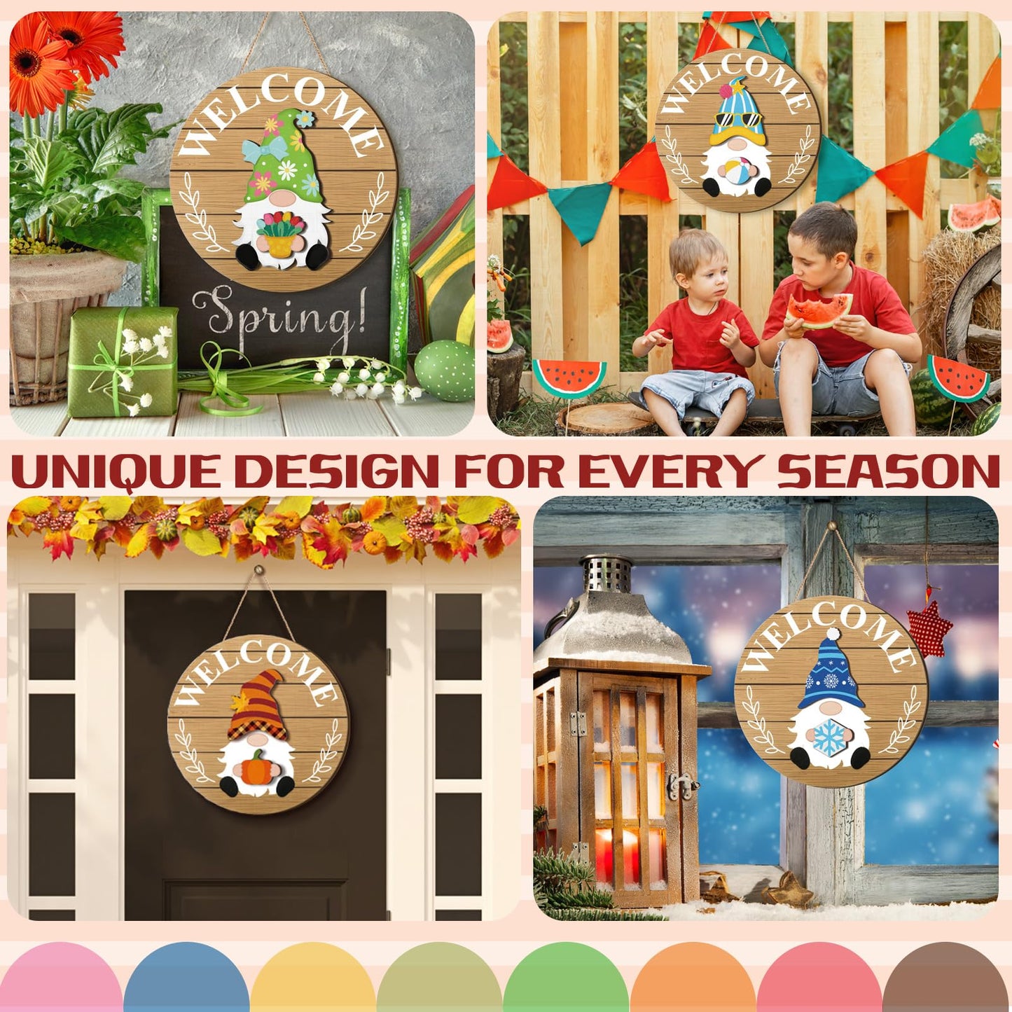 Qunclay Woodland Seasonal Interchangeable Wooden Gnome Decor Summer Christmas in July Gnome Decorations with Magnet Pieces and Detachable Hats Hanging Welcome Sign