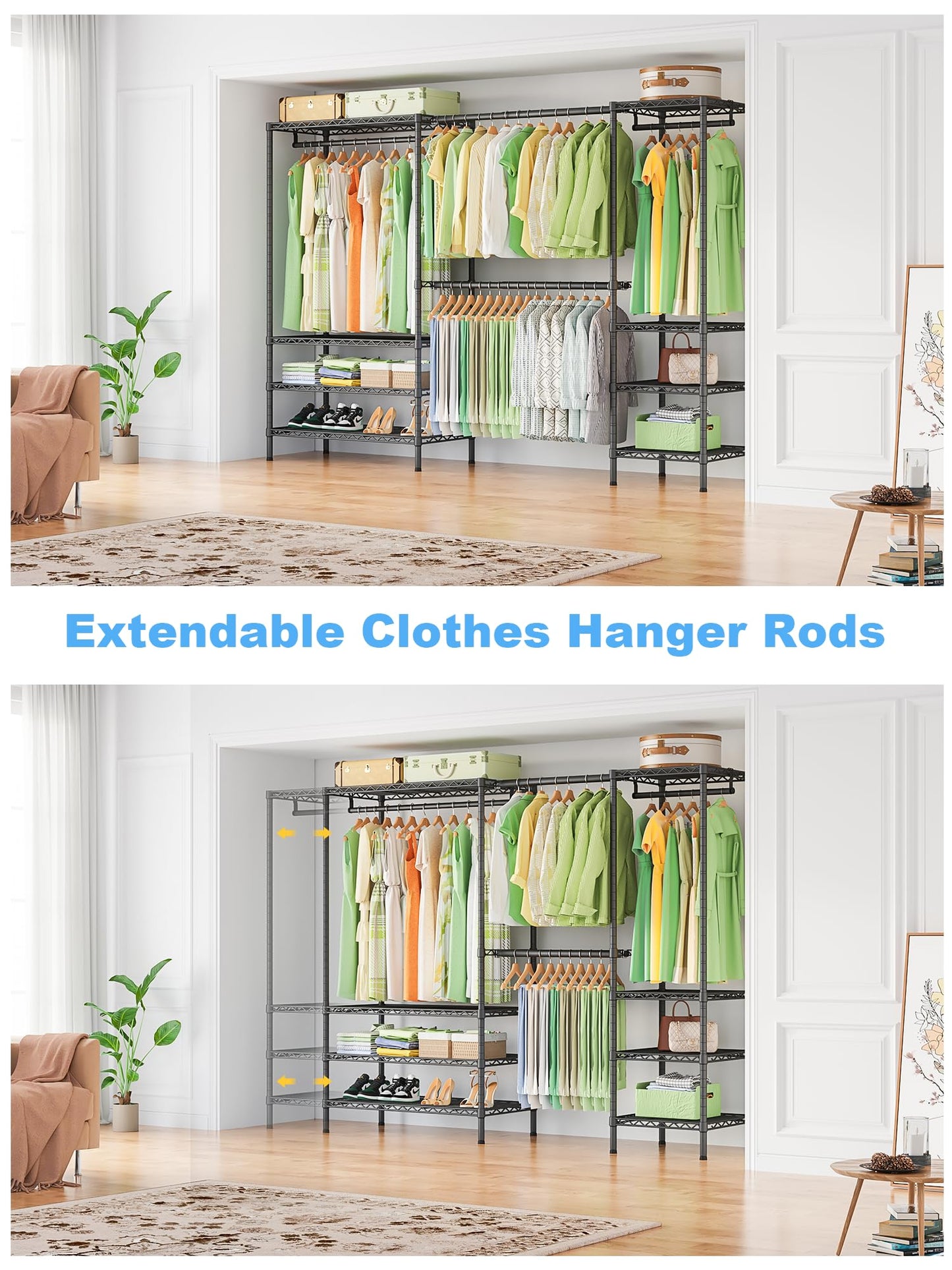 Ulif E11 Heavy-Duty Garment Rack, Metal Freestanding Clothes Rack and Closet Storage Organizer System with 8 Shelves and 4 Hanger Rods, (73.2-97.6)" W x 14.5" D x 71.2" H, Load 1034 LBS, Black